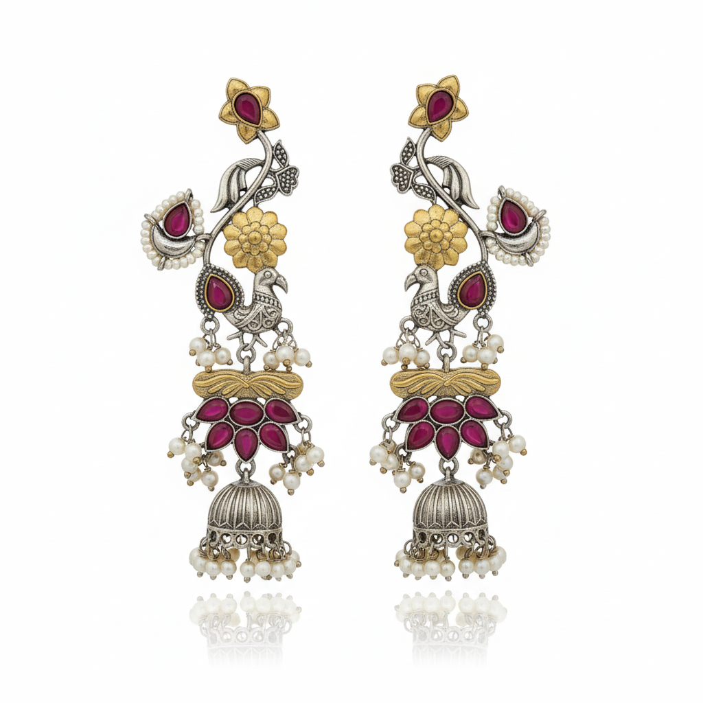 Oxidised Peacock Jhumka Earrings with Ruby Stones
