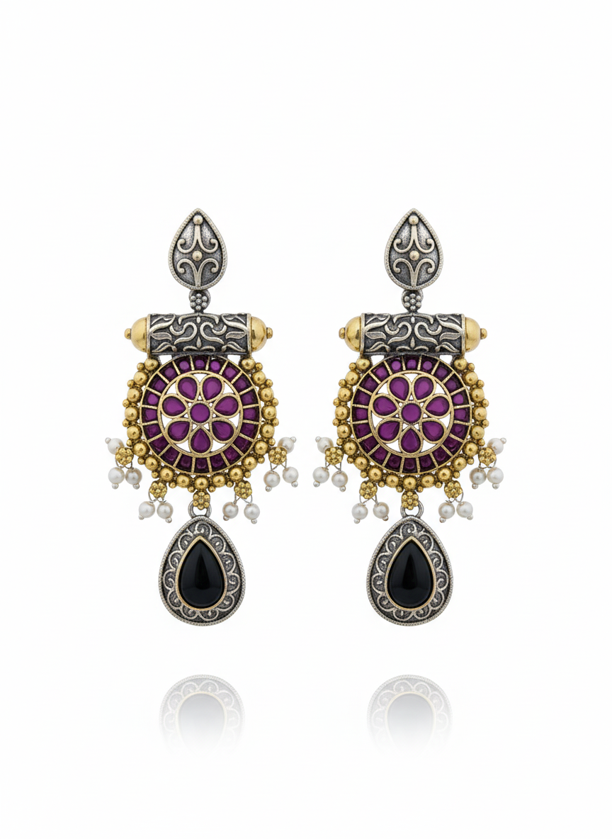 Antique Silver-Gold Fusion Earrings with Meenakari and Green Drop