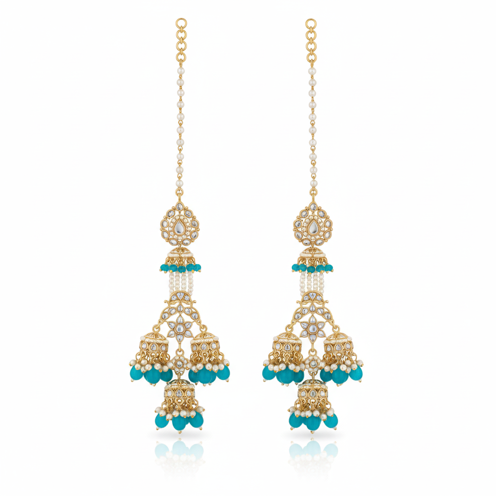 Royal Green Kundan Jhumar Earrings with Pearl Chain