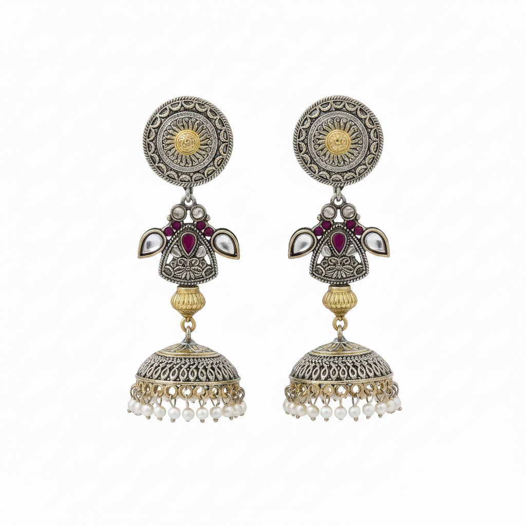 Temple Design Oxidised Jhumka Earrings with Red Kundan Stones