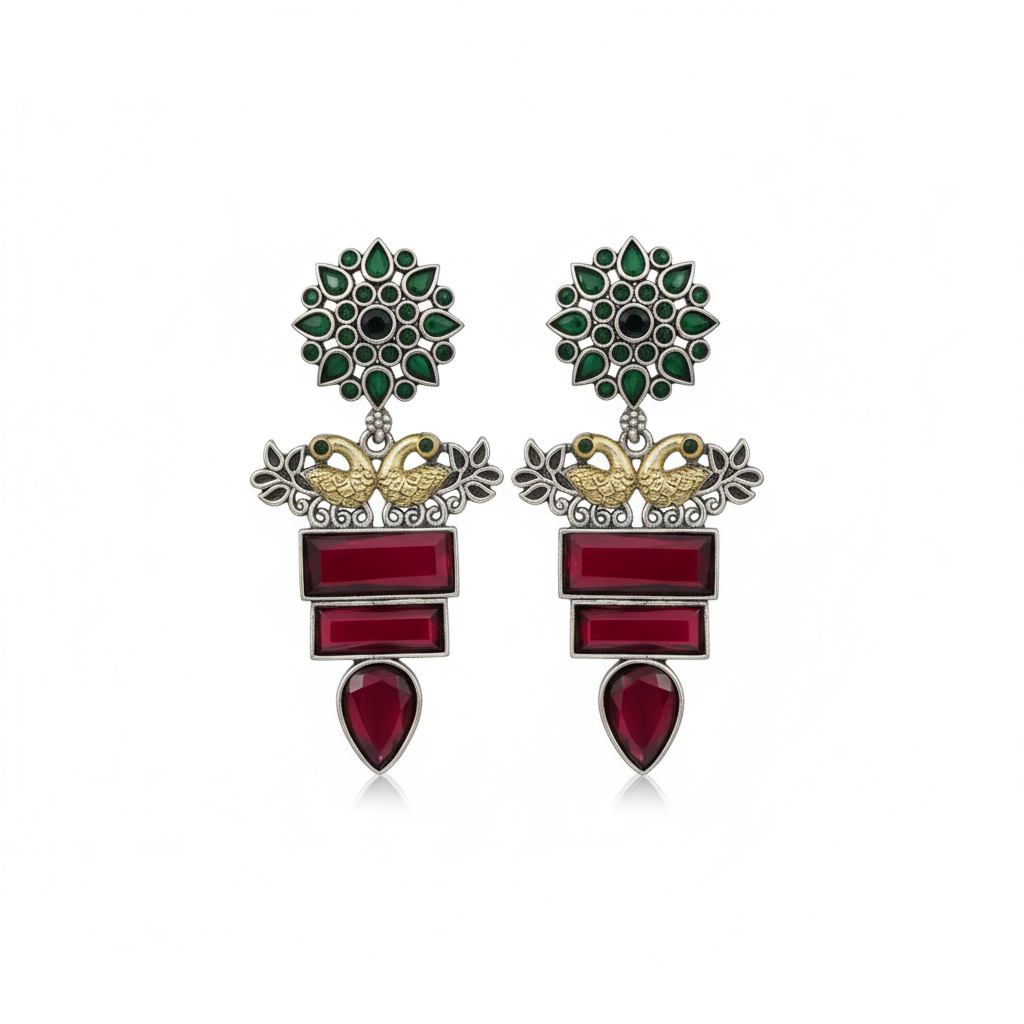 Antique Red & Green Statement Earrings with Peacock Detailing