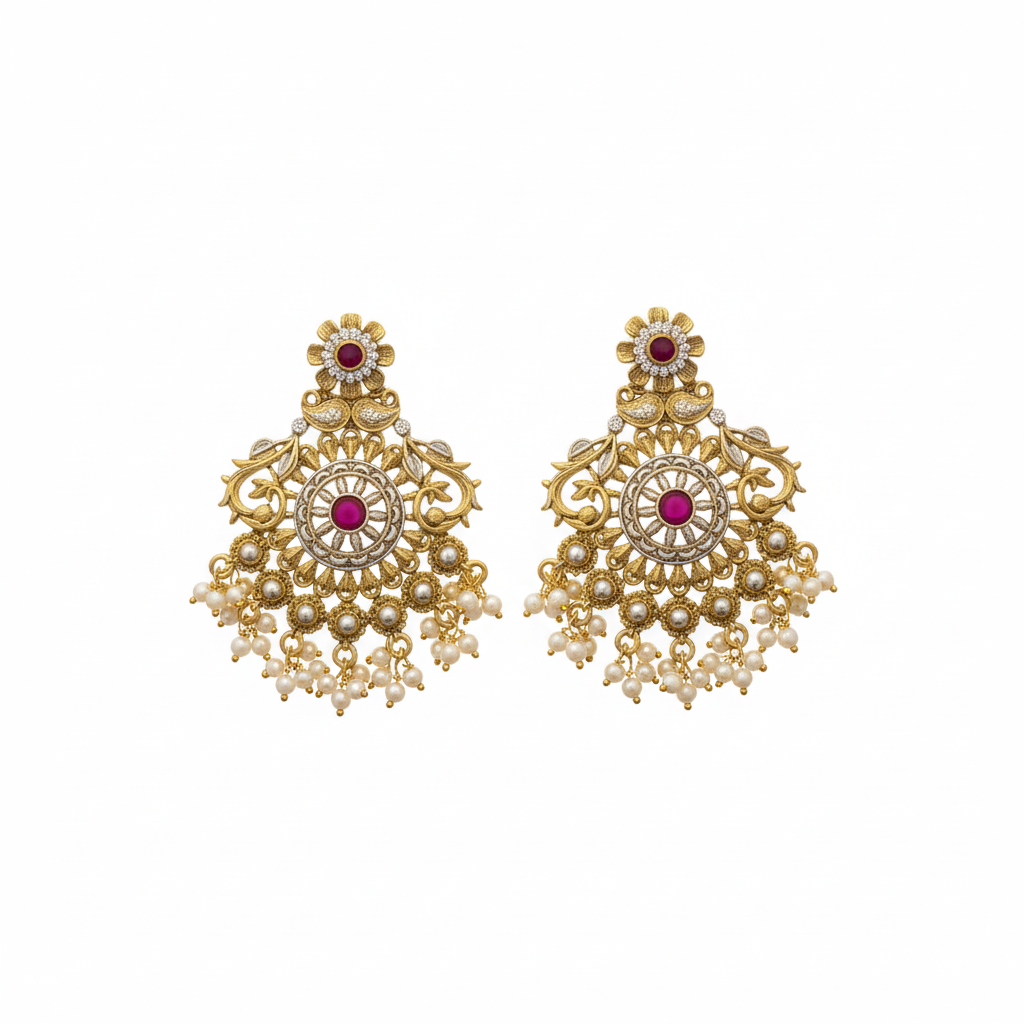 Antique Gold Floral Jhumka Earrings with Pearl Drops