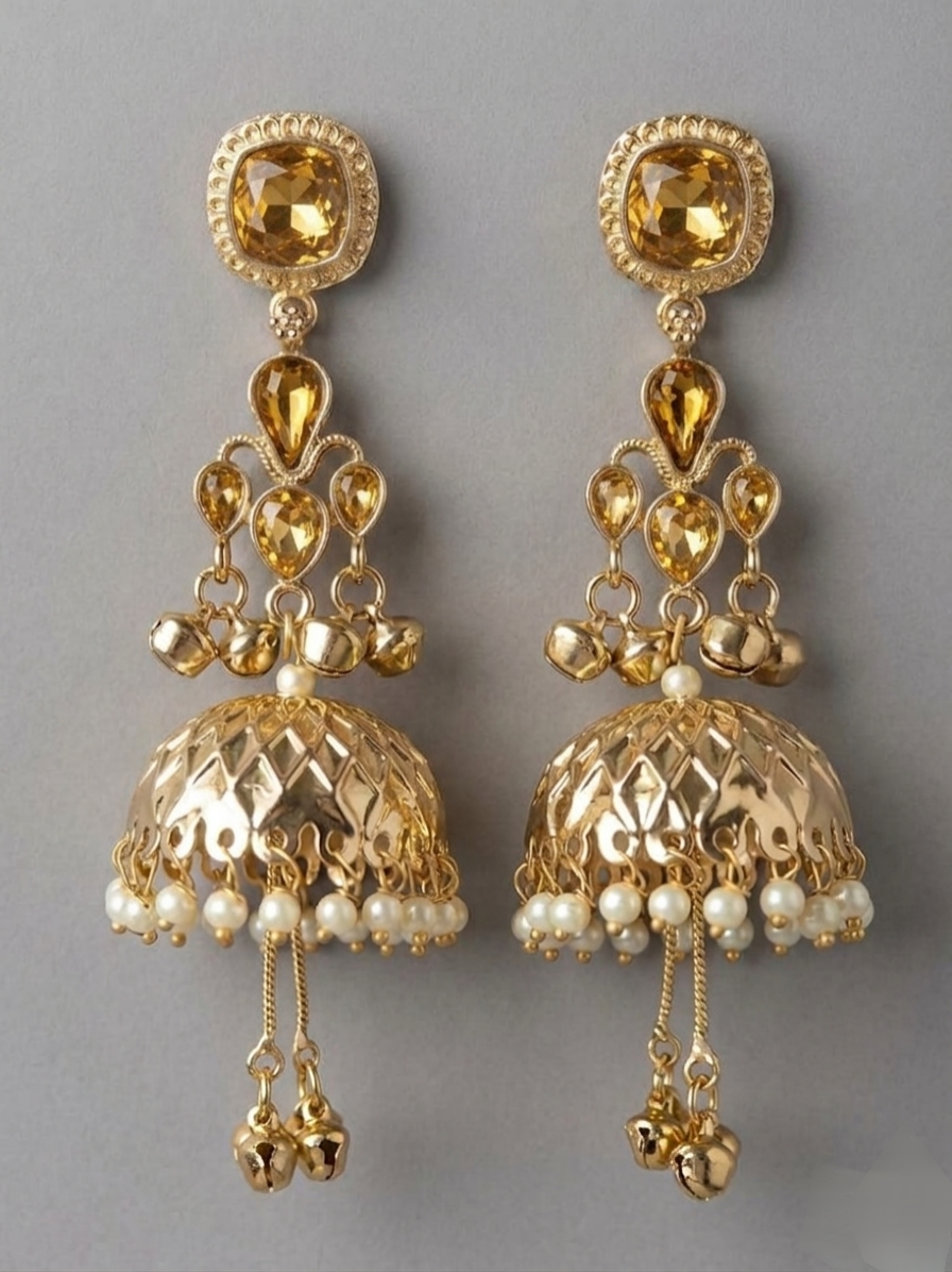 Gulnaar Amethyst Jhumka Earrings(Gold color)