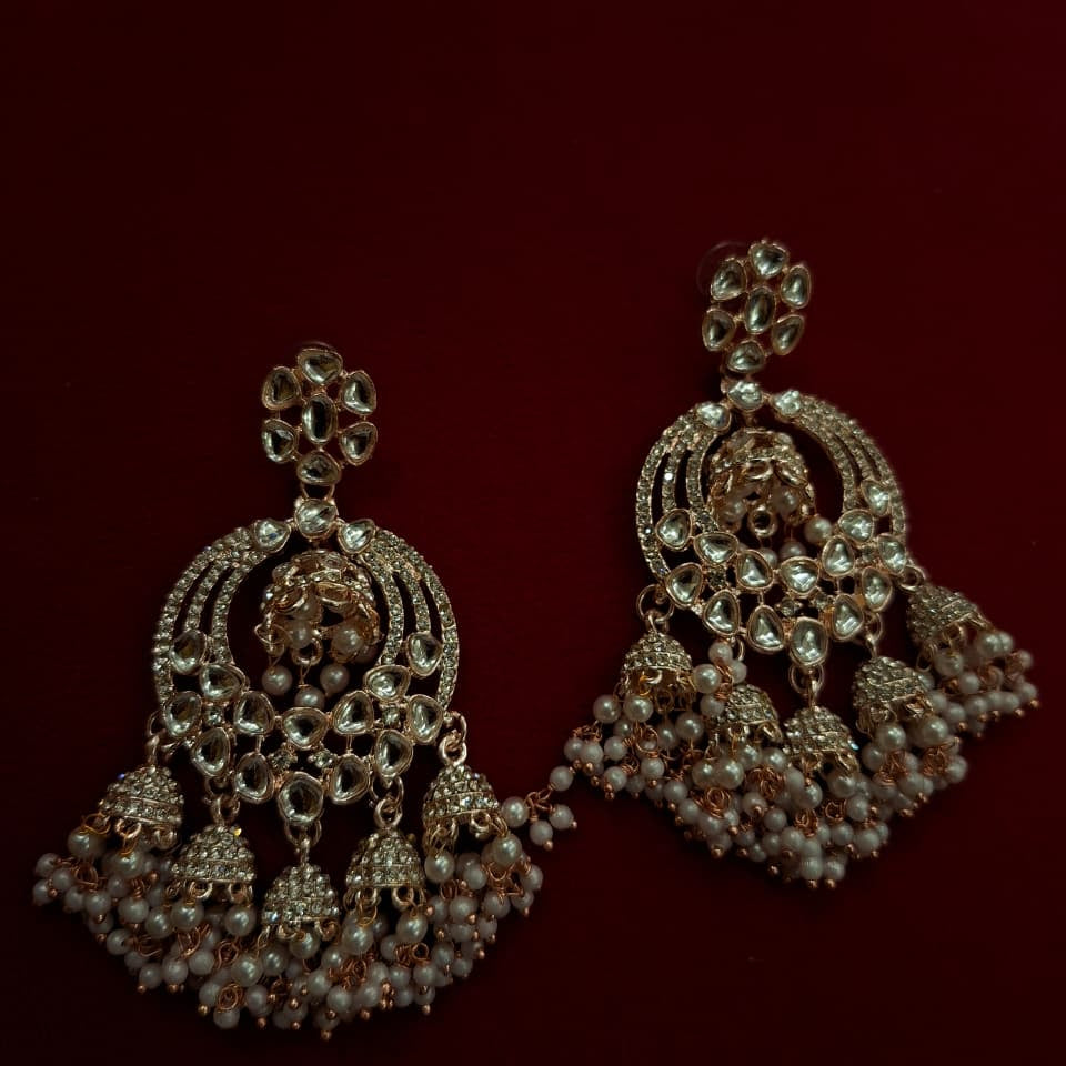 Rose Gold Pearl-Kundan Dome Chandbali Earrings