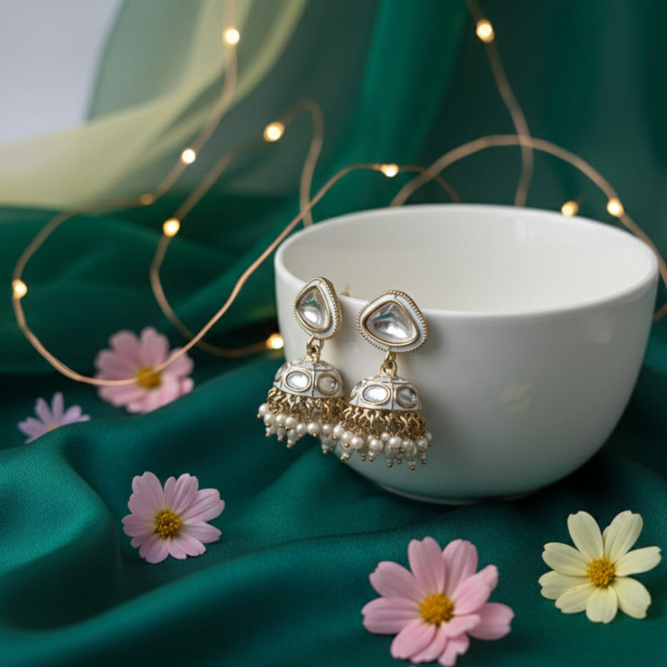 Classic White Kundan Jhumkas with Pearl Drops