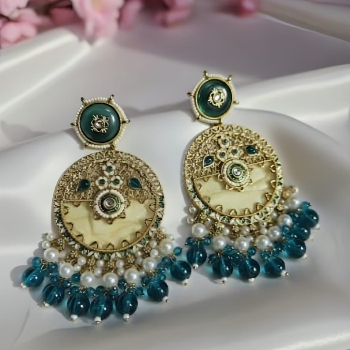 Emerald Round Kundan Chandbali Earrings with Pearl & Green Beads