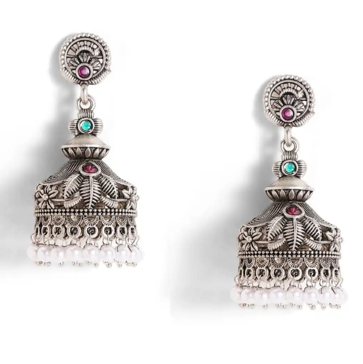 Antique Ruby-Green Oxidised Jhumka Earrings