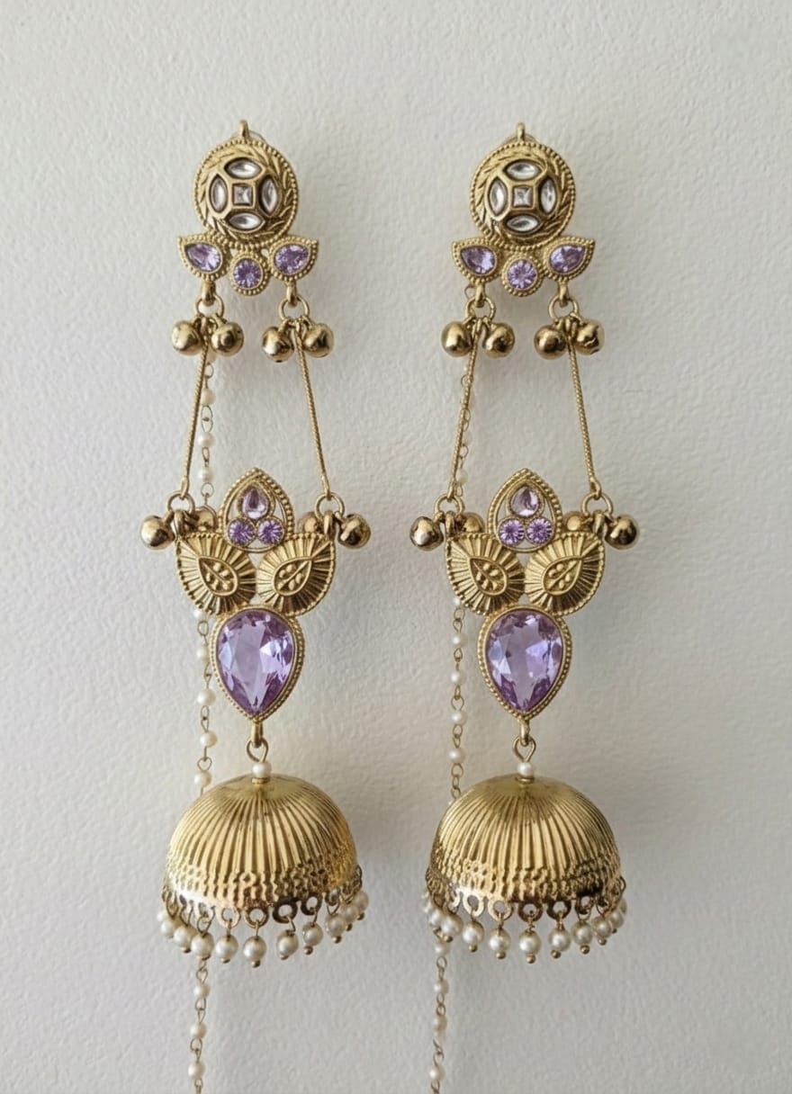 Ruhani Lavender Kundan Jhumka Earrings