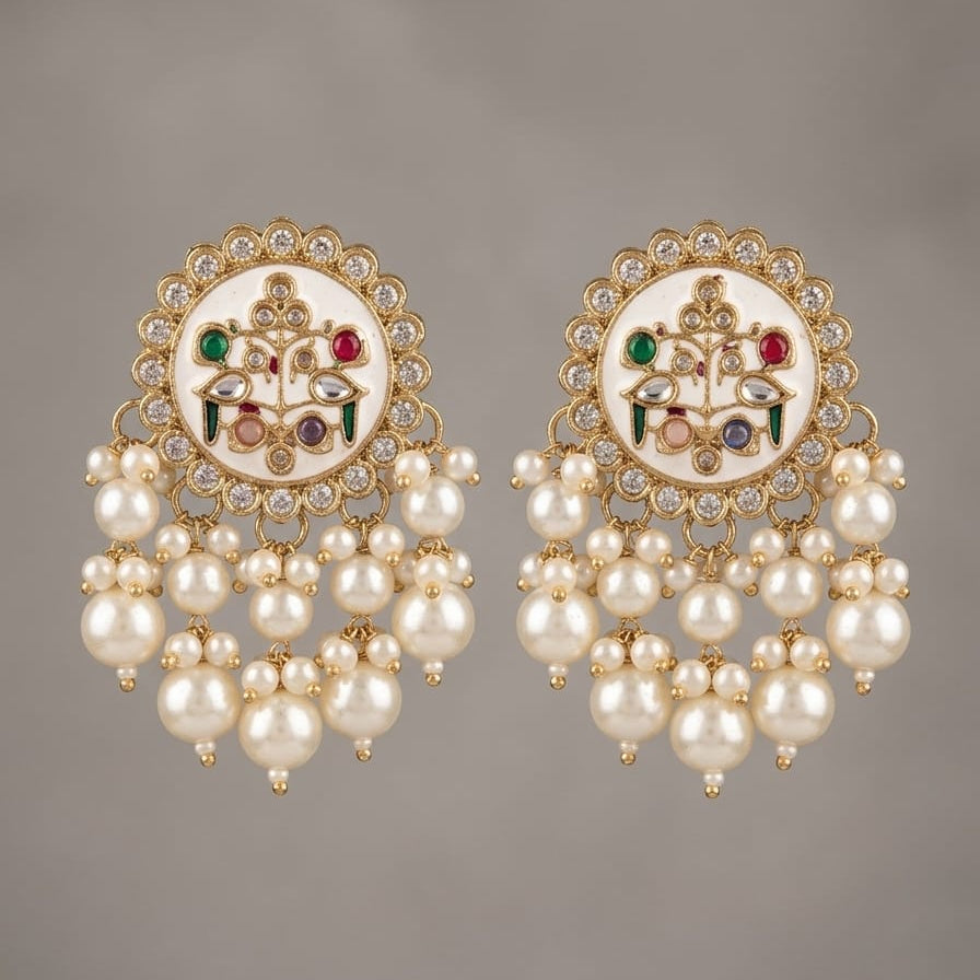 Pearl Navrang Bird Charm Earrings