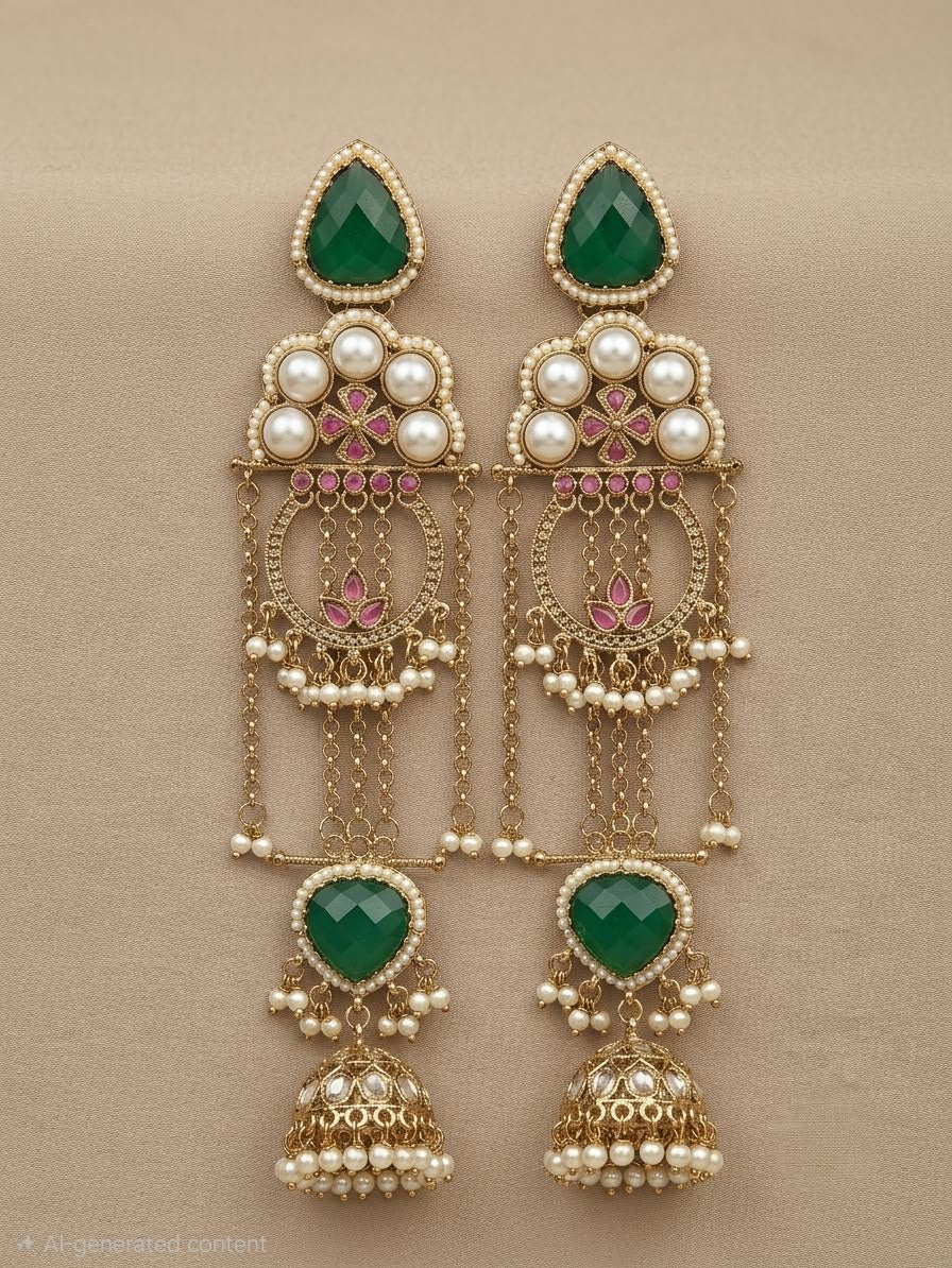 Emerald Noor Pearl Cascade Jhumka Earrings – Green Edition