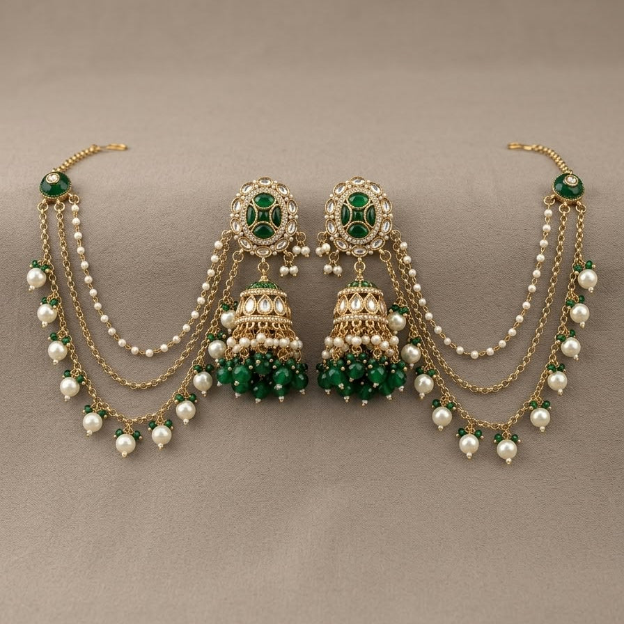 Emerald Noor Pearl Jhumka Chain Earrings