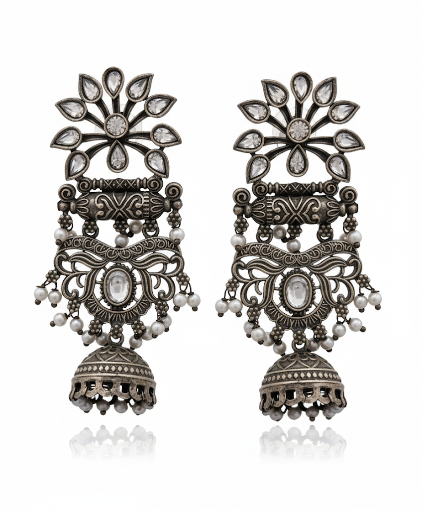 Oxidised Floral Chand Tribal Jhumka Earrings