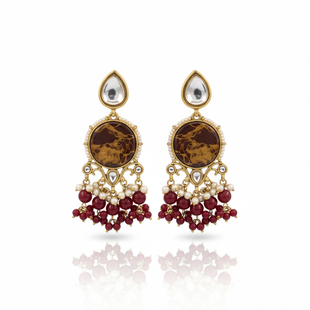Maroon Round Stone Traditional Kundan Earrings