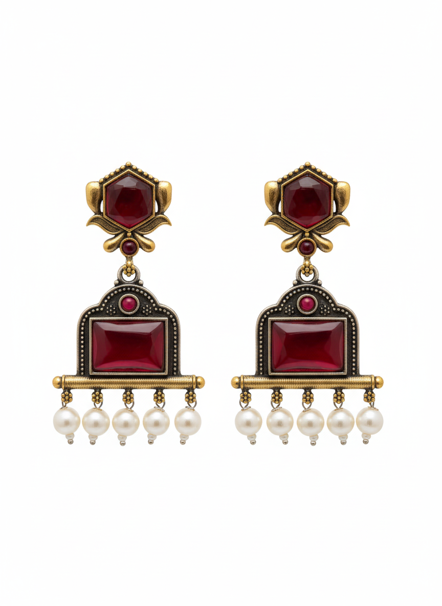 Ruby Red Vintage Pearl Drop Earrings