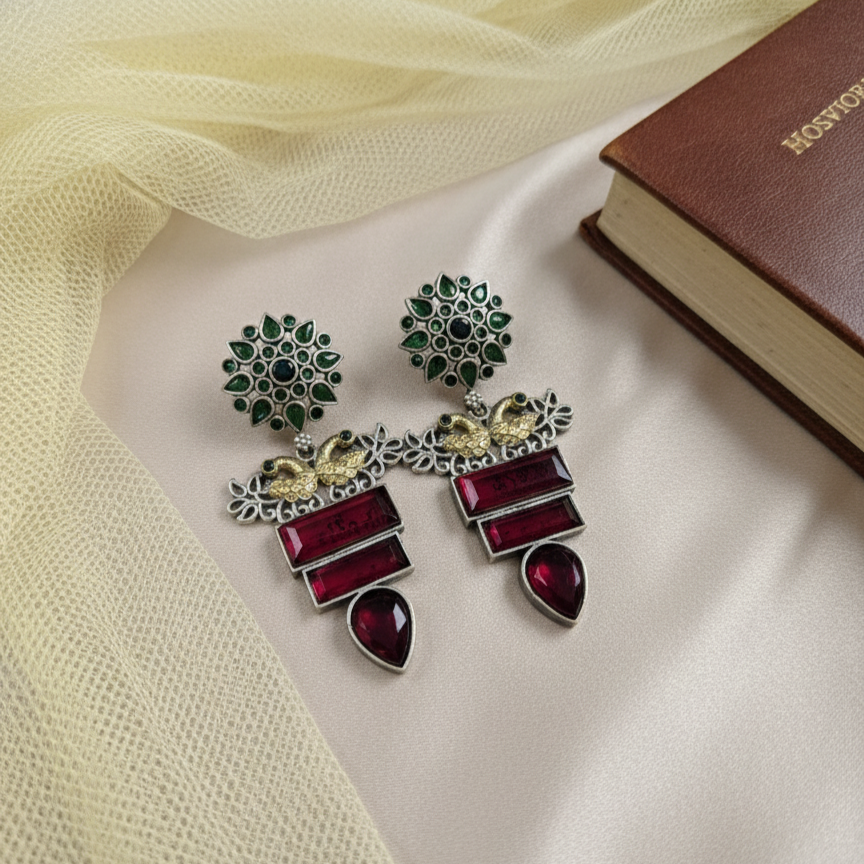 Antique Red & Green Statement Earrings with Peacock Detailing