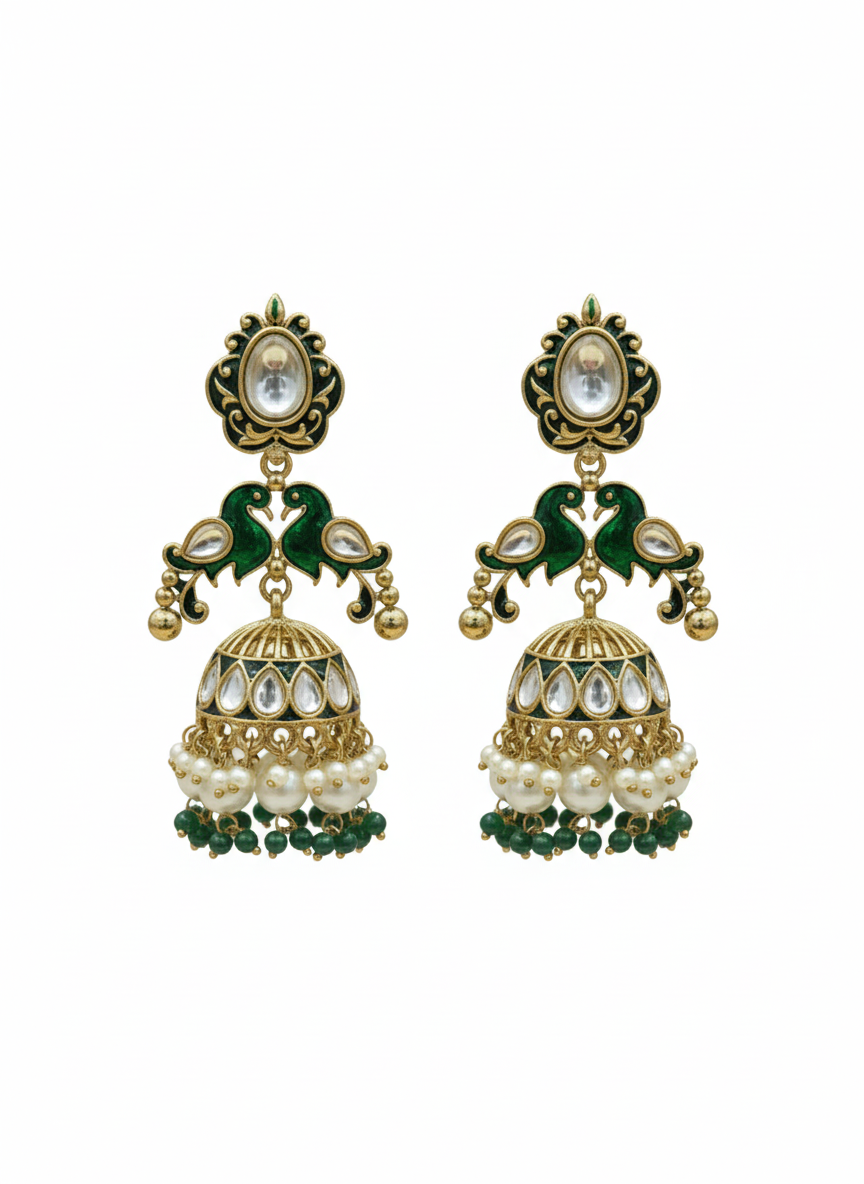 Emerald Green Kundan Jhumka Earrings