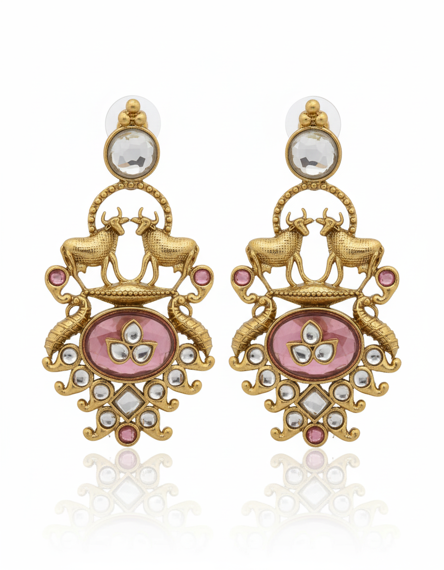 Antique Pink Peacock Drop Earrings