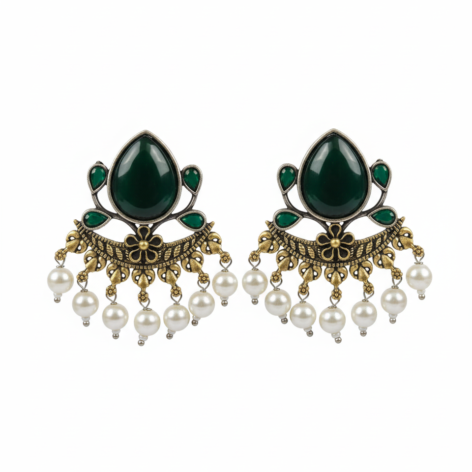 Royal Green Temple Studs with Pearl Drops