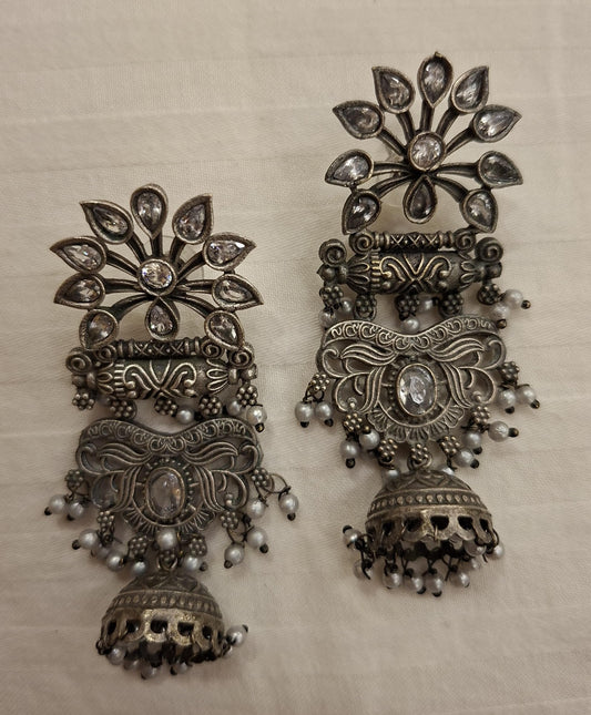 Oxidised Floral Chand Tribal Jhumka Earrings