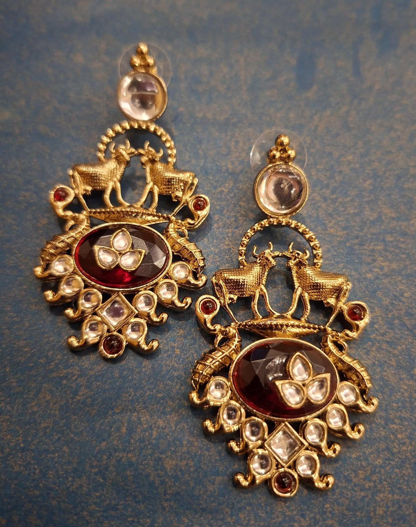 Royal Maroon Deer &amp; Kundan Drop Earrings