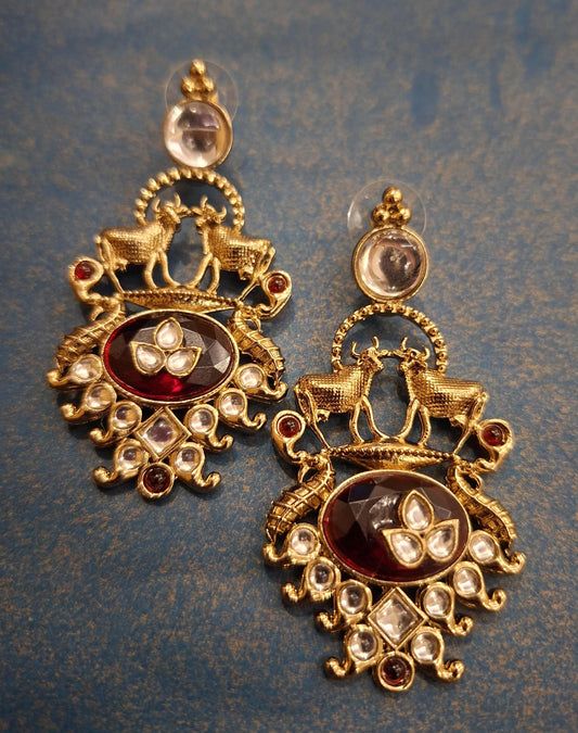 Royal Maroon Deer &amp; Kundan Drop Earrings