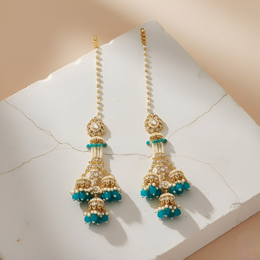 Royal Green Kundan Jhumar Earrings with Pearl Chain