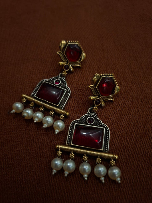 Ruby Red Vintage Pearl Drop Earrings