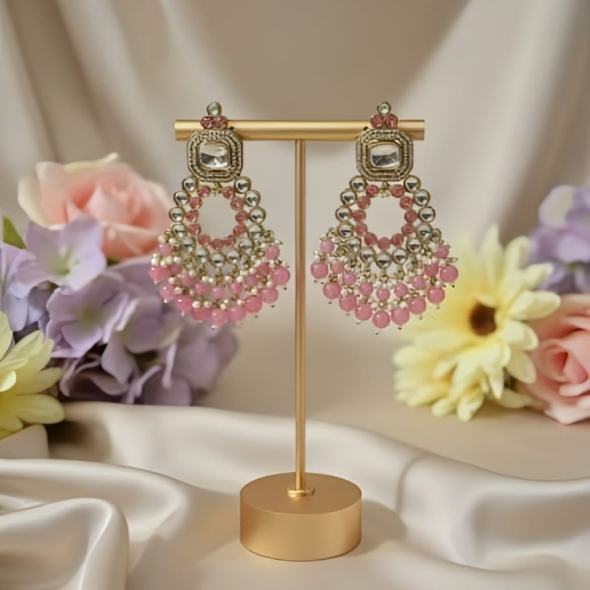 Pink Kundan Chandbaali with Beaded Tassels