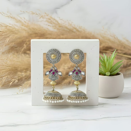 Temple Design Oxidised Jhumka Earrings with Red Kundan Stones