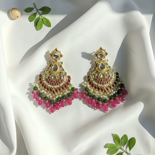 Grand Multicolor Kundan Chandbali Earrings with Ruby & Emerald Drops