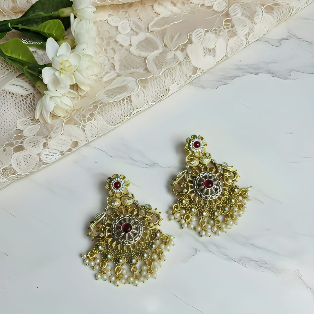 Antique Gold Floral Jhumka Earrings with Pearl Drops