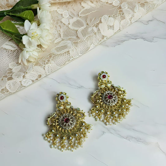 Antique Gold Floral Jhumka Earrings with Pearl Drops