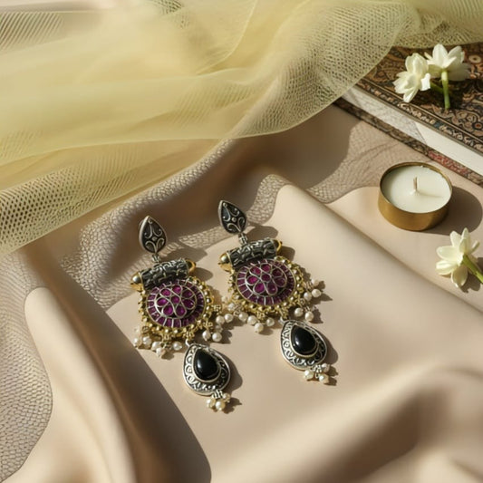 Antique Silver-Gold Fusion Earrings with Meenakari and Green Drop