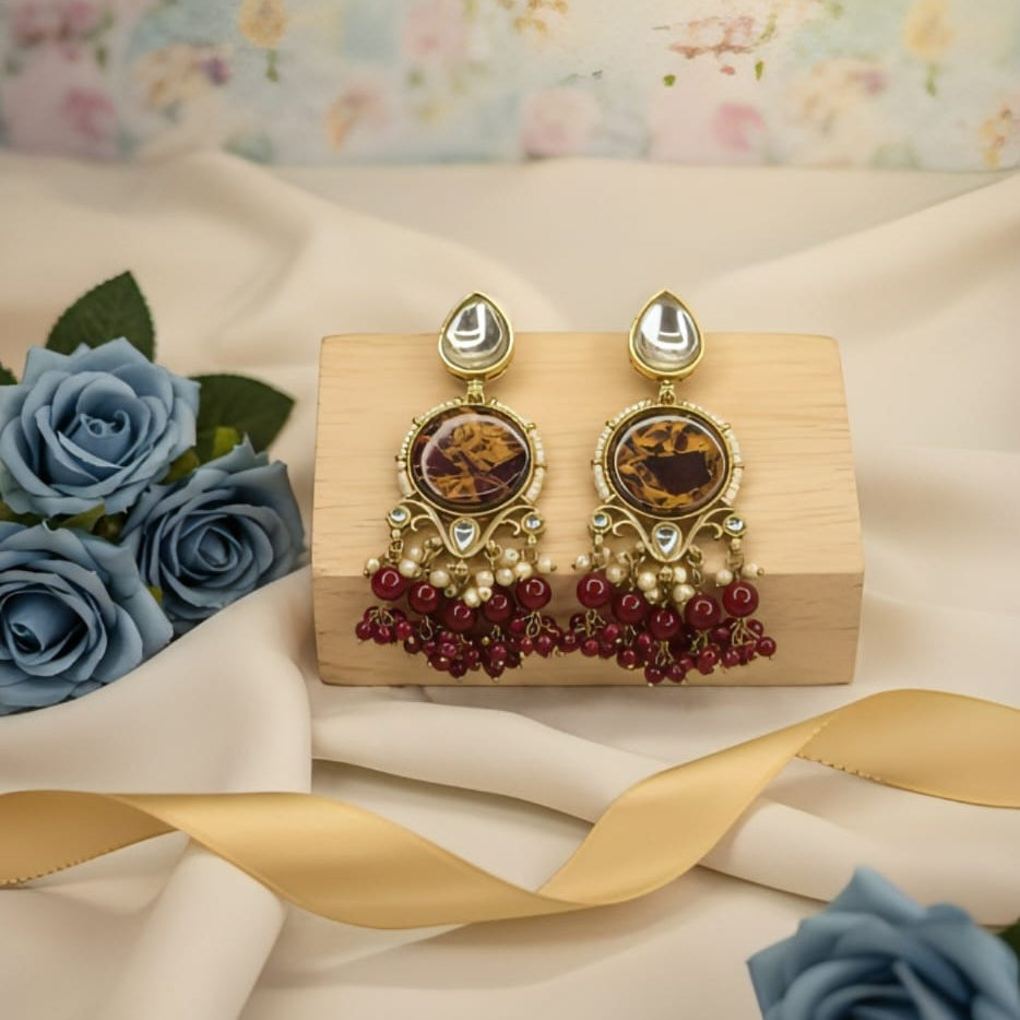 Maroon Round Stone Traditional Kundan Earrings
