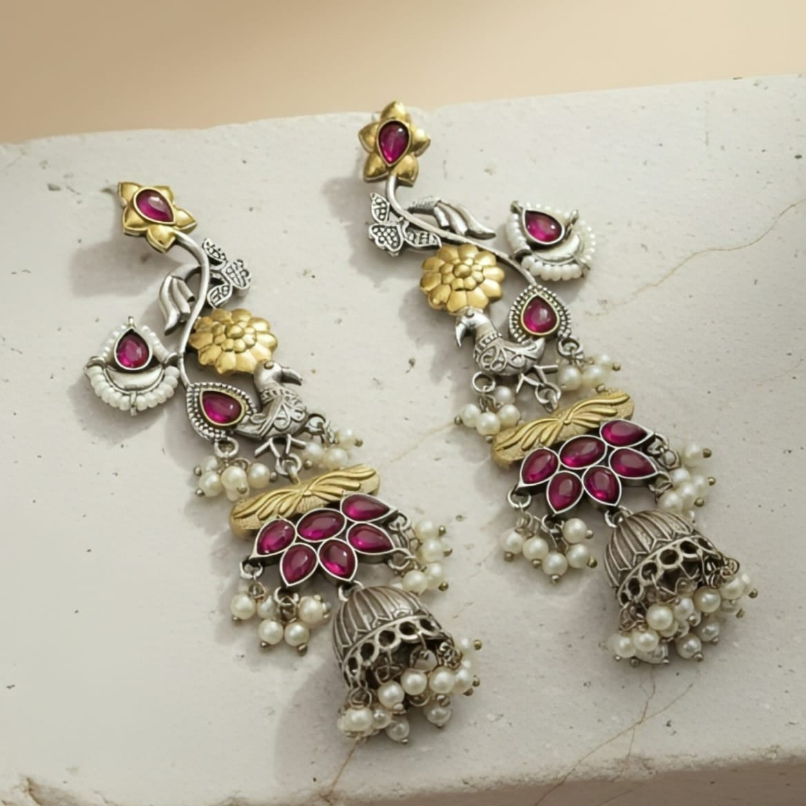 Oxidised Peacock Jhumka Earrings with Ruby Stones