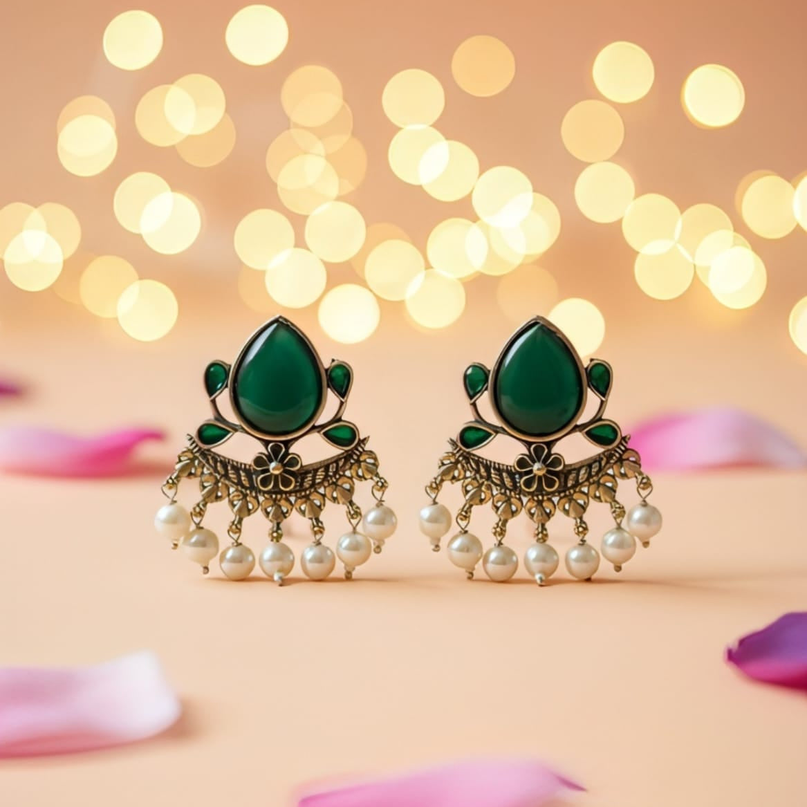 Royal Green Temple Studs with Pearl Drops
