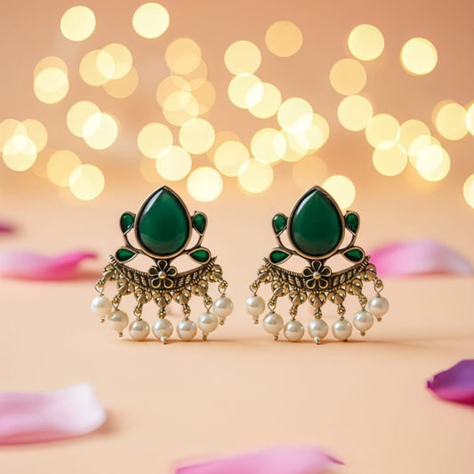 Royal Green Temple Studs with Pearl Drops
