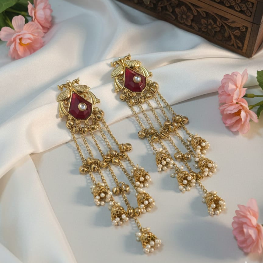 Meher-e-Noor Antique Peacock Chain Jhumka Earrings