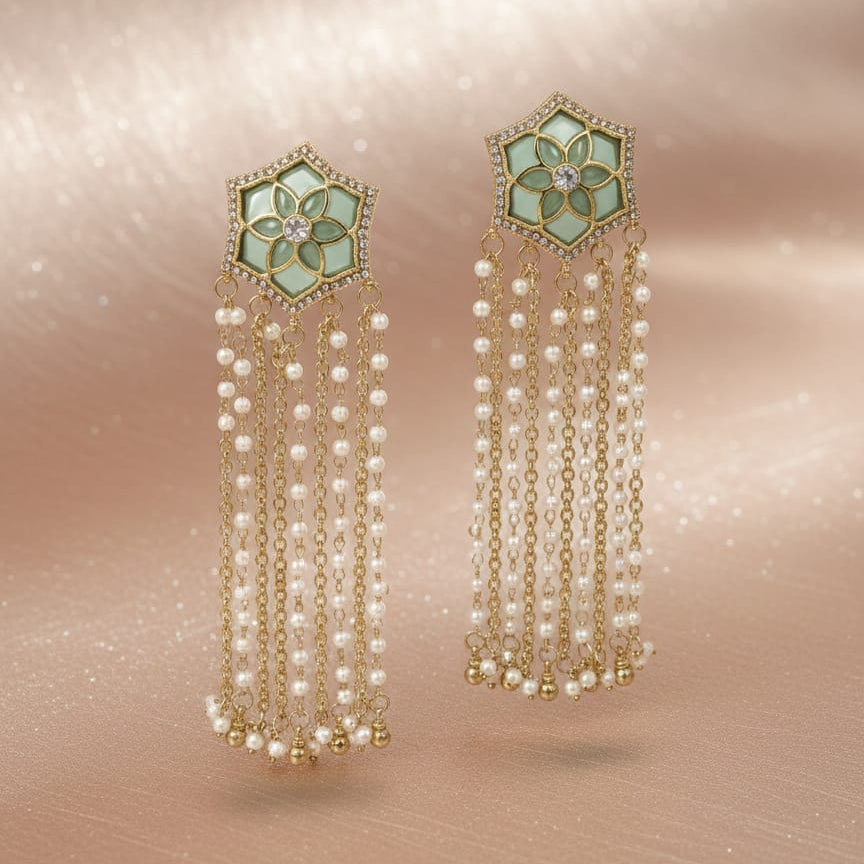 Gulnaar Mint Pearl Tassel Earrings