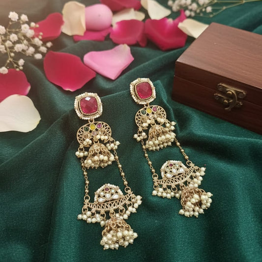 Rangrez Ruby Kundan Long Jhumka Earrings