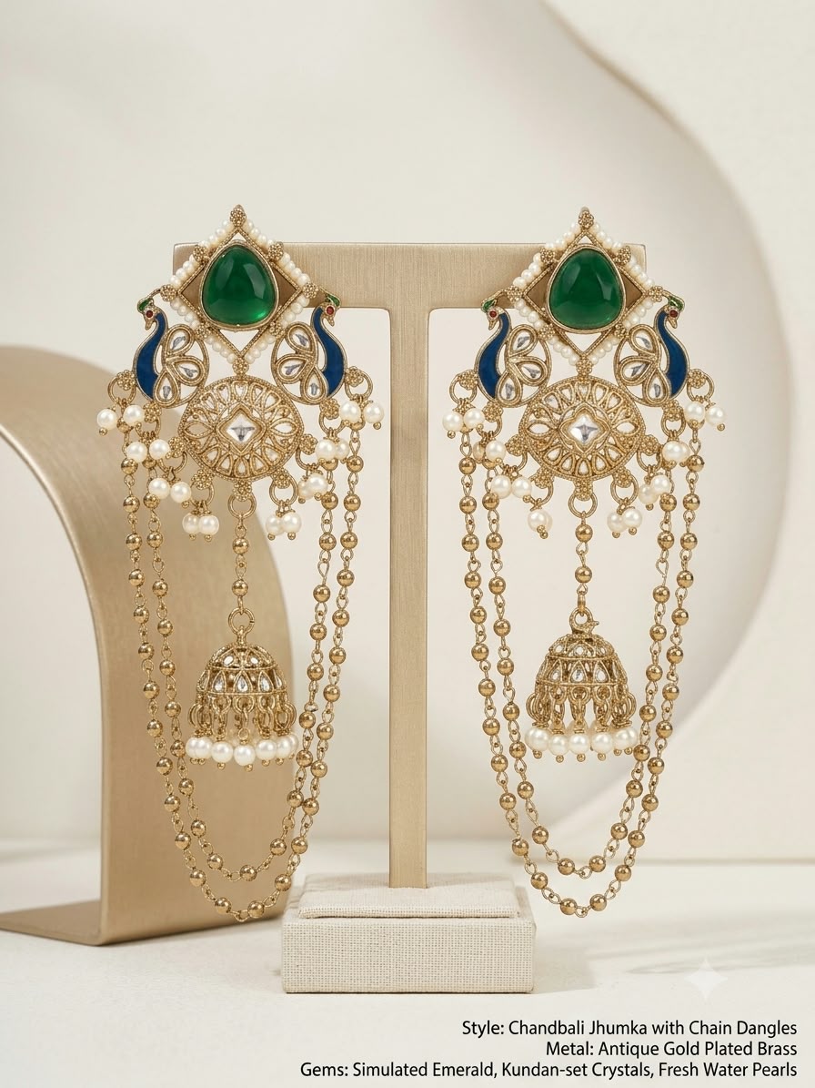 Emerald Noor Chandbali Jhumka Earrings – Royal Blue & Pearl Edition