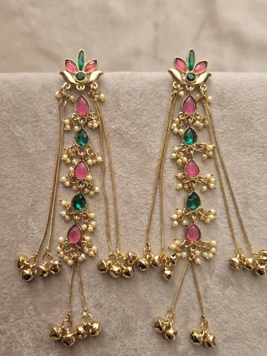 Gulrukh Pink & Emerald Floral Long Drop Earrings