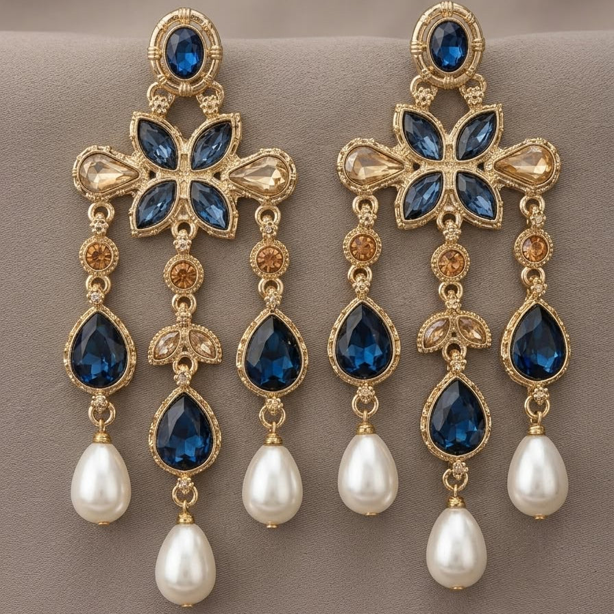 Royal Sapphire Bloom Pearl Drop Earrings
