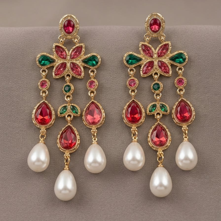 Ruby Emerald Bloom Pearl Drop Earrings
