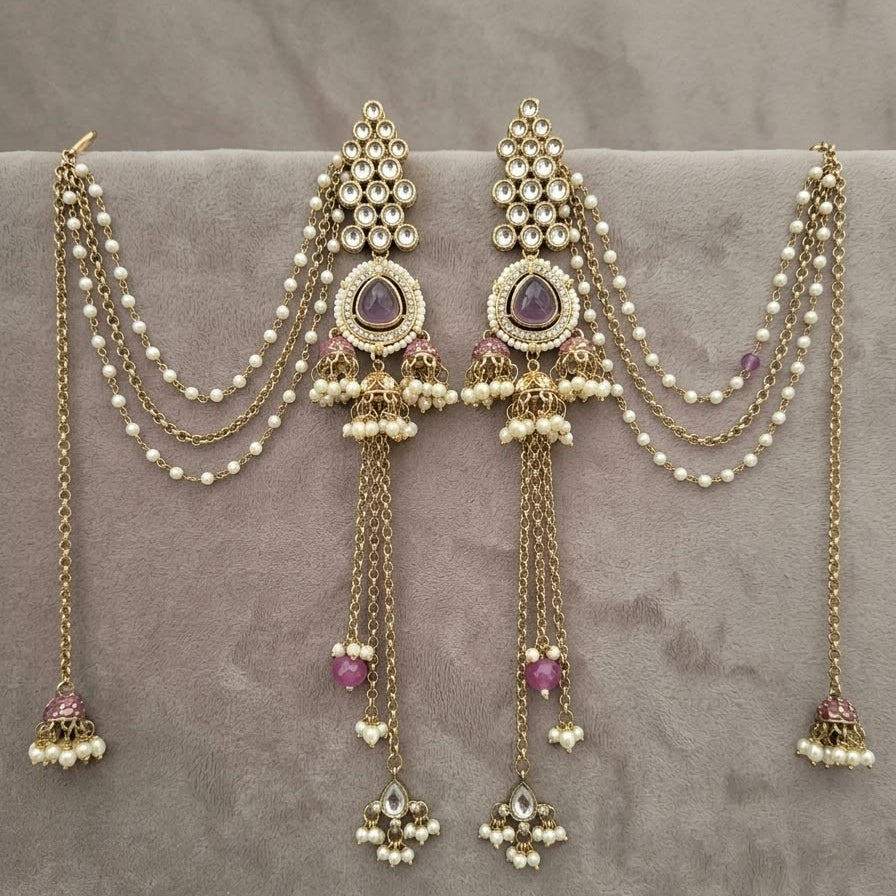 Amara Purple Kundan Pearl Chain Jhumka Earrings