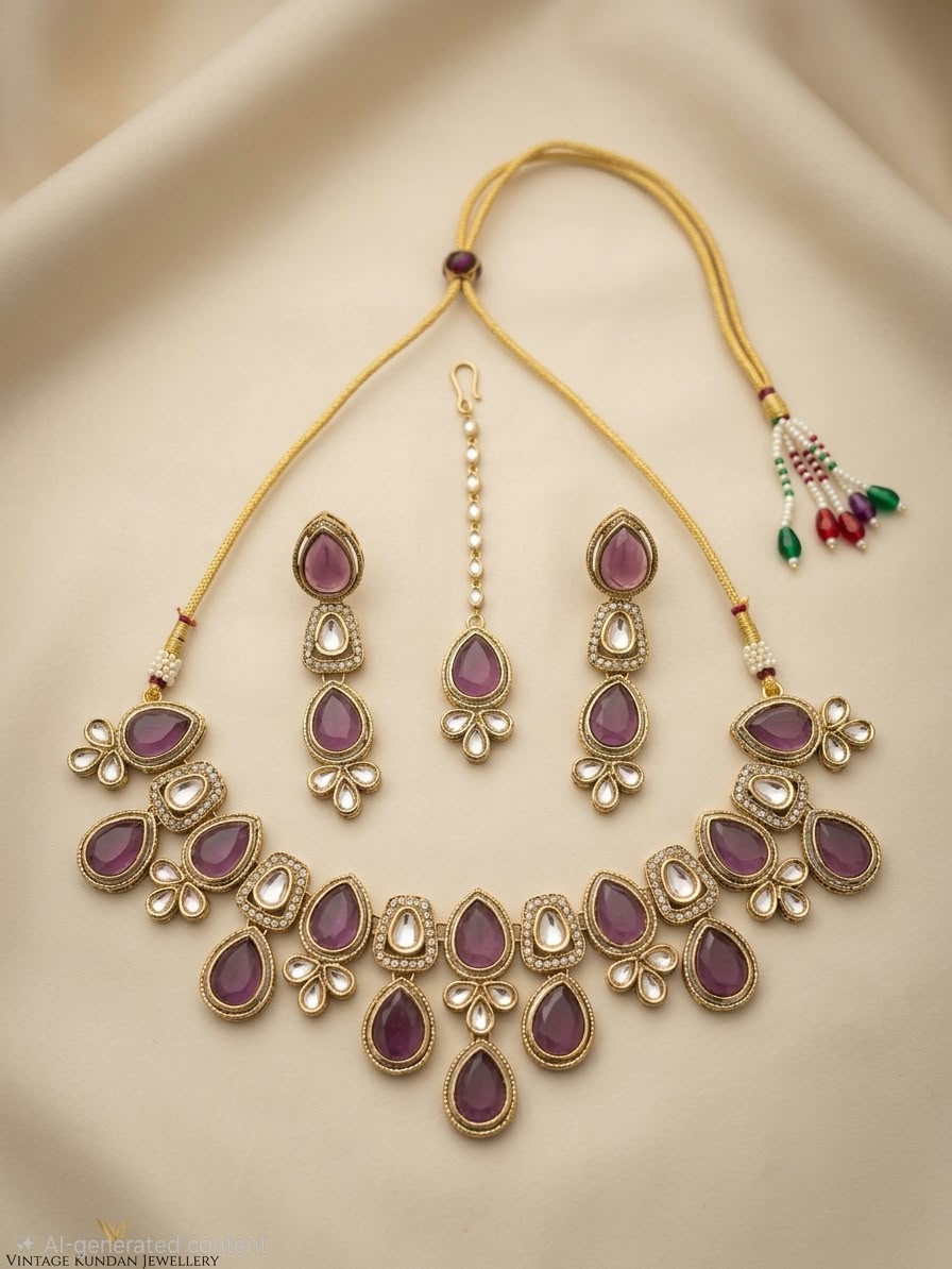 Rajwada Ruby Plum Kundan Necklace Set