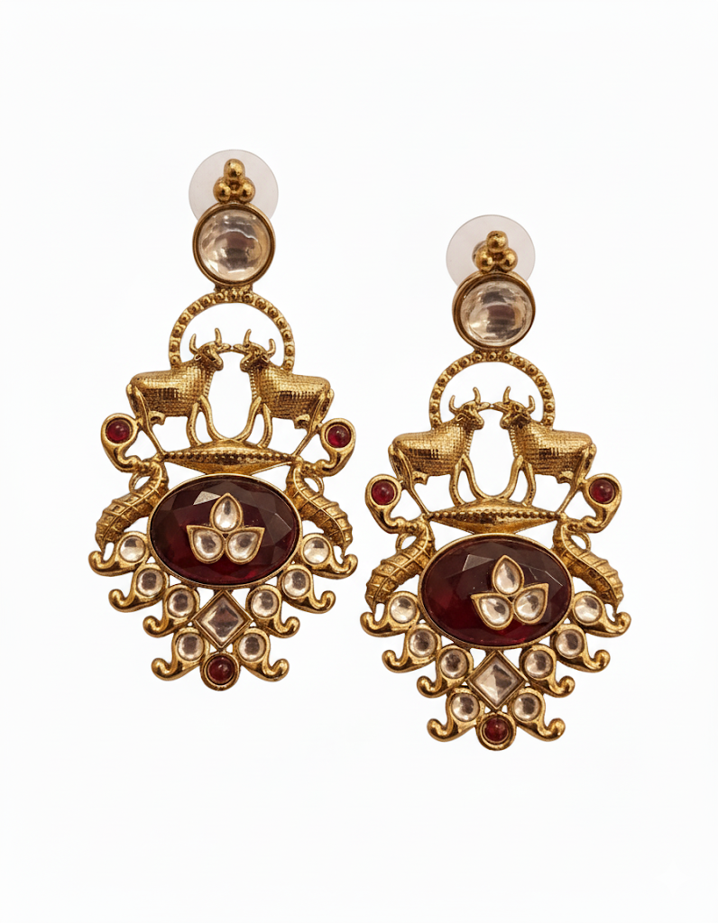 Royal Maroon Deer &amp; Kundan Drop Earrings